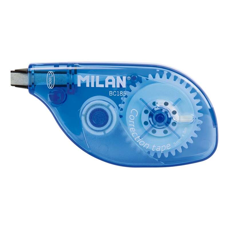 Milan Cinta Correctora 5mm x 8m - Correcion en Seco - Apta para Zurdos Gracias a la Rotacion de 180º de su Punta - Para todo Tipo de Papel - Cuerpo Azul Tranparente