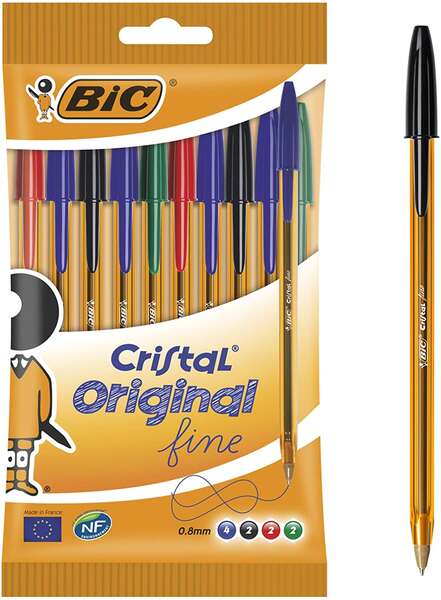 Bic Cristal Original Fine Pack de 10 Boligrafos de Bola - Punta Redonda de 0.8mm - Trazo de 0.30mm - Tinta con Base de Aceite - Translucido - Colores Surtidos 1 Bic Cristal Original Fine Pack de 10 Boligrafos de Bola - Punta Redonda de 0.8mm - Trazo de 0.30mm - Tinta con Base de Aceite - Translucido - Colores Surtidos