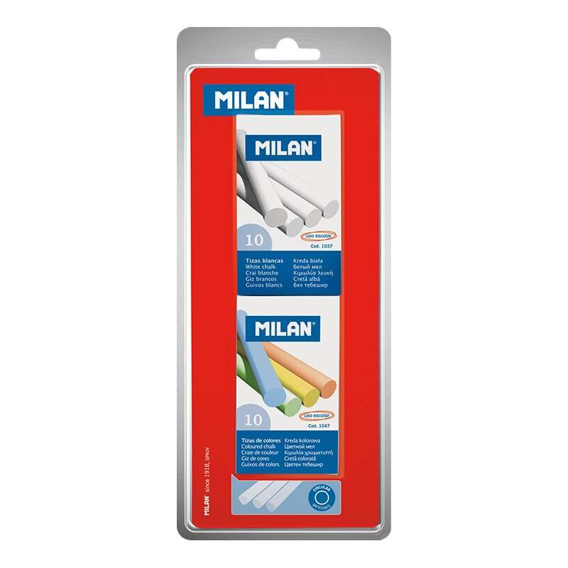 Milan Pack de 2 Cajas de 10 Tizas, 1xCaja Tizas Blancas, 1x Caja Tizas Colores - Redondas - No Contienen Caseina - Colores Surtidos
