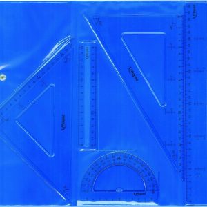 Maped Pack de Instrumentos de Dibujo - Regla de 30cm, Regla de 15cm, Escuadra, Cartabon y Transportador - Estuche con Cierre en Colores Surtidos - Transparentes