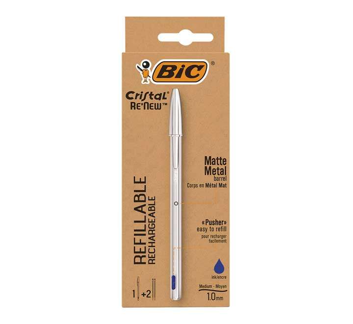 Bic Cristal Re´new Pack de Boligrafo Recargable de Bola + 2 Recambios - Punta Redonda de 1.0mm - Trazo 0.32mm - Tinta con Base de Aceite - Cuerpo Metalico - Color Azul 1 Bic Cristal Re´new Pack de Boligrafo Recargable de Bola + 2 Recambios - Punta Redonda de 1.0mm - Trazo 0.32mm - Tinta con Base de Aceite - Cuerpo Metalico - Color Azul