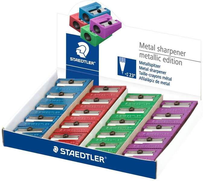 Staedtler Sacapuntas Metalico con Cuchilla de Metal - Angulo de Afilado de 23° - 1 Agujero - Colores Surtidos 1 Staedtler Sacapuntas Metalico con Cuchilla de Metal - Angulo de Afilado de 23° - 1 Agujero - Colores Surtidos