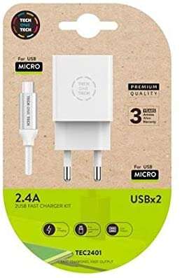 TechOneTech Cargador Doble de Pared + Cable USB-A a Micro-USB 2.4 1m - Recubierto de Nylon Trenzado