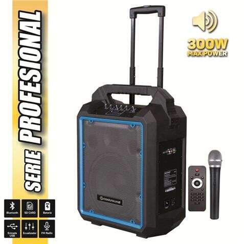 Coolsound Pro 300 Altavoz Autoamplificado Bluetooth 300W 10" 80W RMS con Bateria - USB, SD, Entrada Mic. Jack 6.3mm - 1 Microfono Serie Pro Cool - Autonomia hasta 4h - Asa y Ruedas de Transporte - Mando a Distancia