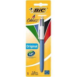 Bic 4 Colours Original Boligrafo de Bola Retractil - Punta Media de 1.0mm - Tinta con Base de Aceite - Cuerpo Azul/Blanco - 4 Colores