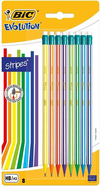 Bic Evolution Stripes Pack de 8 Lapices de Grafito Hexagonales con Goma de Borrar - Mina HB Ultraresistente - Fabricados en Resina Sintetica - Cuerpo de Colores Surtidos 1 Bic Evolution Stripes Pack de 8 Lapices de Grafito Hexagonales con Goma de Borrar - Mina HB Ultraresistente - Fabricados en Resina Sintetica - Cuerpo de Colores Surtidos
