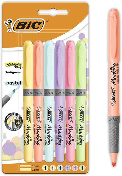 Bic Highlighter Grip Pack de 6 Marcadores Fluorescentes Pastel - Tinta con Base de Agua - Punta Biselada - Trazo entre 1.60 y 3.30mm - Colores Surtidos 1 Bic Highlighter Grip Pack de 6 Marcadores Fluorescentes Pastel - Tinta con Base de Agua - Punta Biselada - Trazo entre 1.60 y 3.30mm - Colores Surtidos