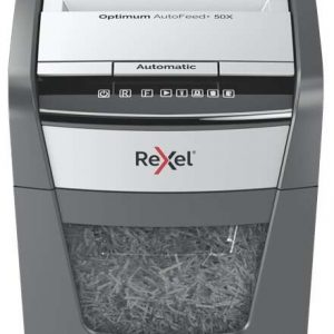 Rexel Optimum AutoFeed 50X Destructora Automatica de Corte en Particulas P-4 - Alimentacion Automatica 50 hojas y Ranura Manual 6 Hojas - Anti Atasco - Capacidad de la Papelera 20L - Color Gris/Plata