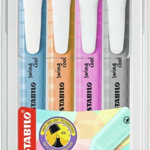 Stabilo Swing Cool Pastel Pack de 4 Marcadores Fluorescentes - Cuerpo Plano - Punta Biselada - Trazo entre 1 y 4mm - Tinta con Base de Agua - Antisecado - Colores Surtidos