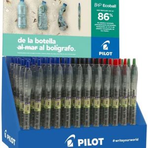 Pilot Expositor 60 Boligrafos de Bola Retractiles B2P Ecoball BeGreen + 10 B2P Gel BeGreen - 86,64% de Plastico Reciclado - Recargable - Colores surtidos