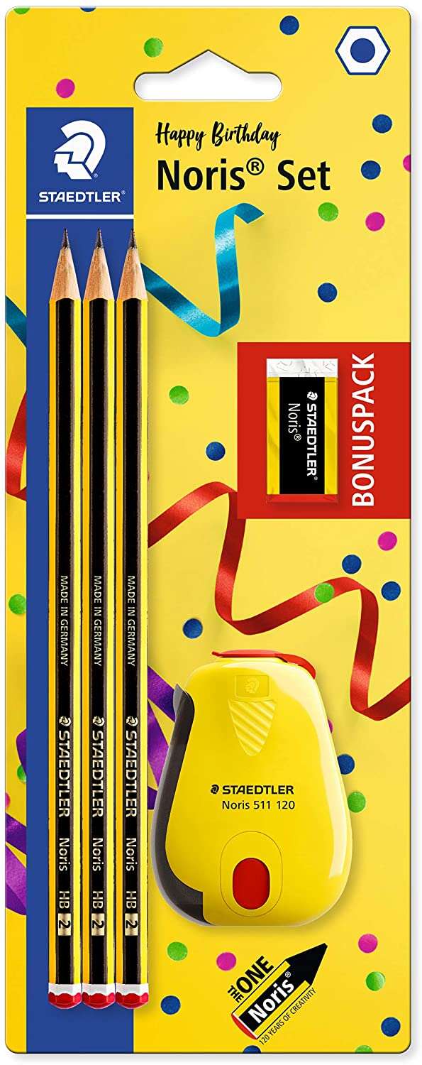 Staedtler Noris 120 Pack de 3 Lapices de Grafito Hexagonales + Goma de Borrar + Sacapuntas - Mina HB Ultrarresistente de 2mm - Madera de Bosques Sostenibles 1 Staedtler Noris 120 Pack de 3 Lapices de Grafito Hexagonales + Goma de Borrar + Sacapuntas - Mina HB Ultrarresistente de 2mm - Madera de Bosques Sostenibles