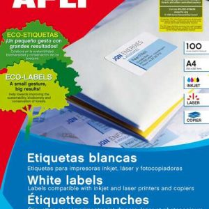 Apli Pack de 100 Etiquetas Permanentes - Tamaño 210 x 297mm - Multiples Usos - Color Blanco