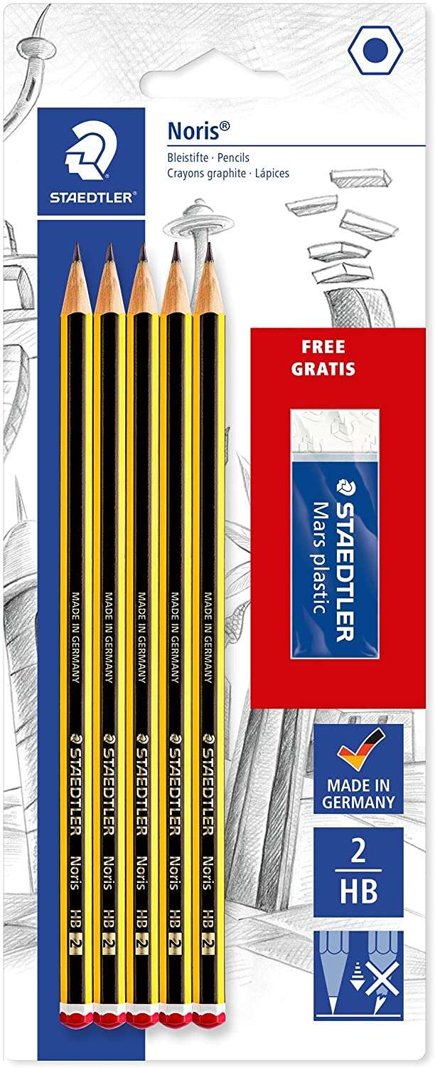Staedtler Noris 120 Pack de 5 Lapices de Grafito Hexagonales 2HB + 1 Goma de Borrar Mars Plastic - Madera de Bosques Sostenibles 1 Staedtler Noris 120 Pack de 5 Lapices de Grafito Hexagonales 2HB + 1 Goma de Borrar Mars Plastic - Madera de Bosques Sostenibles