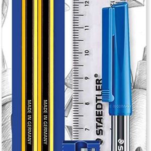 Staedtler Pack de 2 Lapices Noris de Grafito Hexagonales 2HB + 1 Boligrafo Stick 430 Azul + 1 Goma de Borrar  + 1 Sacapuntas +1 Regla
