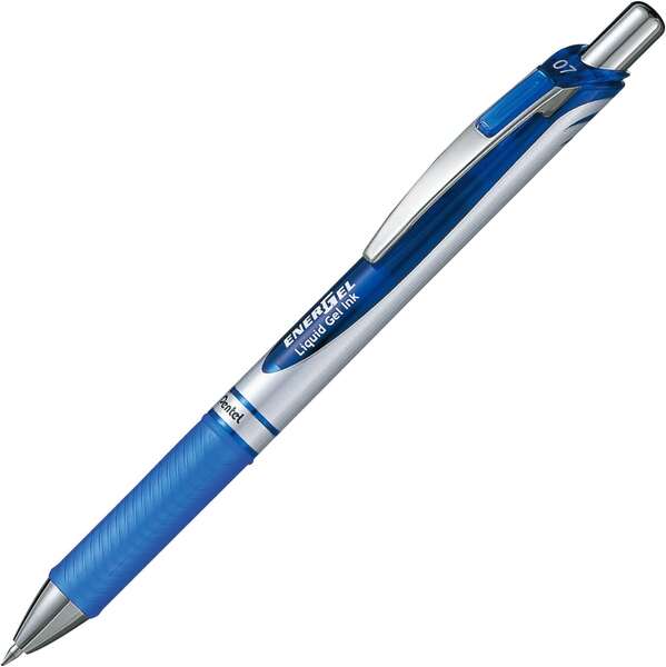 Pentel Energel Boligrafo de Bola Retractil - Punta 0.7mm - Trazo 0.35mm - Tinta Gel - Recargable - Grip de Agarre - Clip de Metal - 50% de Materiales Reciclados - Color Azul