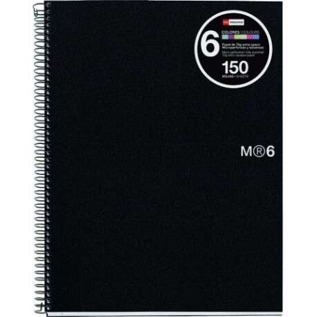 Miquel Rius Notebook6 Cuaderno de Espiral Formato A5 - 150 Hojas de 70gr Microperforadas con 2 Taladros - Cubiertas de Polipropileno - Cuadricula 5x5 - Color Negro