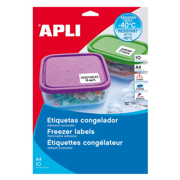 Apli Pack de 650 Etiquetas Especiales para Congelador 38.1x21.2mm - 10 Hojas por 65 Etiquetas - Adhesivo Removible Resistente hasta -40º - Cantos Rectos - Color Blanco
