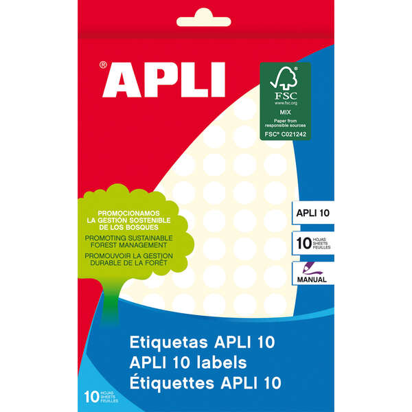 Apli 10 Pack de 1.260 Etiquetas Blancas Redondas Ø 10mm - Etiquetado Rapido y Efectivo - Aptas para Escritura con Lapiz, Boligrafo y Rotulador