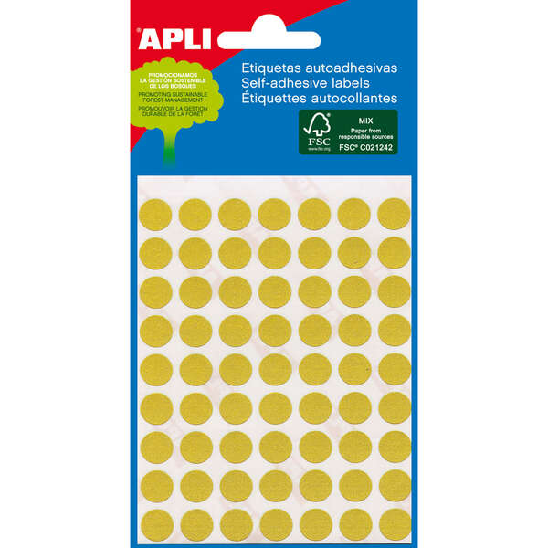 Apli Minibolsa de 288 Etiquetas Redondas Ø 8mm - 3 Hojas por 96 Etiquetas - Adhesivo Permanente - Color Amarillo