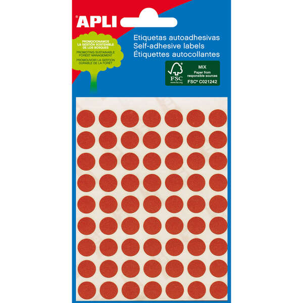 Apli Minibolsa de 288 Etiquetas Redondas Ø 8mm - 3 Hojas por 96 Etiquetas - Adhesivo Permanente - Color Rojo