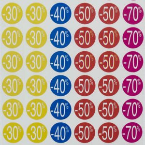 Apli Pack de 240 Etiquetas de Descuento -30%, -40%, -50%, -70% - Tamaño Ø 24mm - Forma Redonda - Colores Amarillo, Azul, Rojo y Fucsia