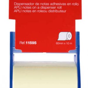 Apli Rollo de Nota Adhesiva con Dispensador - Medidas del Rollo 60mmx10m - Facil de Usar - Adhesivo de Calidad - Color Nota Amarillo - Color Dispensador Azul