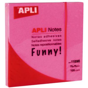 Apli Funny Bloc de 100 Notas Adhesivas 75x75mm - Adhesivo de Calidad - Facil de Despegar - Color Rosa Fluor