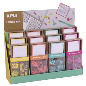 Apli Fluor Collection Expositor de Productos Basicos - Colores Surtidos Fluor - Diseño Moderno - 12 Sets de 25 Pins, 80 Clips de 28mm, 20 Pinzas Abatibles de 19mm y Notas Adhesivas de 100 Hojas