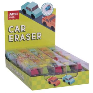 Apli Gomas de Borrar Coche - Expositor con 20 Unidades en 4 Modelos Surtidos - Forma de Coche Que Sirve para Borrar y Jugar - Modelos de Coche, Camion y Dos Excavadoras en Diferentes Colores