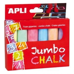 Apli Tizas Redondas Jumbo de Colores Surtidos - Tamaño Ø 25 x 105mm - Fabricadas con Sulfato de Calcio Bajo en Residuo - Ideales para Escribir, Dibujar y Colorear en Pizarras y Pavimentos - Aptas para Uso Escolar