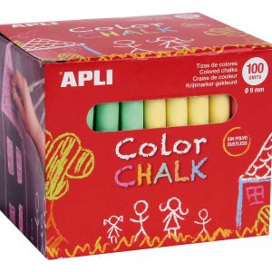 Apli Pack de 100 Tizas Redondas de Colores Surtidos Ø 9 x 80mm - Sin Polvo - Ideales para Escribir, Dibujar y Colorear en Pizarras y Pavimentos - Aptas para Uso Escolar
