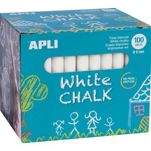 Apli Tizas Blancas Redondas - Pack de 100 Unidades Tamaño Ø 9 x 80mm - Ideales para Escribir, Dibujar y Colorear en Pizarras y Pavimentos - Aptas para Uso Escolar