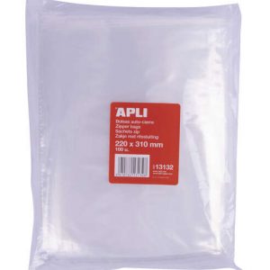 Apli Pack de 100 Bolsas Zip Auto Cierre Transparentes 220x310mm - Material LDPE - Cierre Seguro y Facil Manipulacion - Aptas para Uso Alimenticio