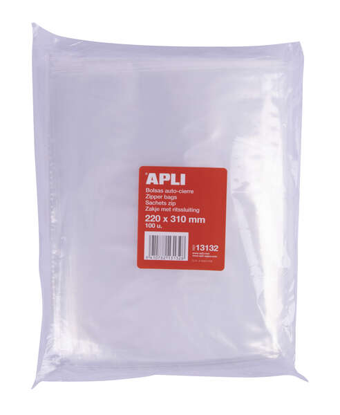 Apli Pack de 100 Bolsas Zip Auto Cierre Transparentes 220x310mm - Material LDPE - Cierre Seguro y Facil Manipulacion - Aptas para Uso Alimenticio 1 Apli Pack de 100 Bolsas Zip Auto Cierre Transparentes 220x310mm - Material LDPE - Cierre Seguro y Facil Manipulacion - Aptas para Uso Alimenticio