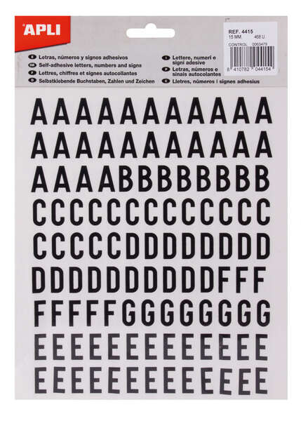 Apli Letras Adhesivas de Palo Mayusculas - Altura 15mm - Pack de 4 Hojas con 468 Letras - Color Negro 1 Apli Letras Adhesivas de Palo Mayusculas - Altura 15mm - Pack de 4 Hojas con 468 Letras - Color Negro