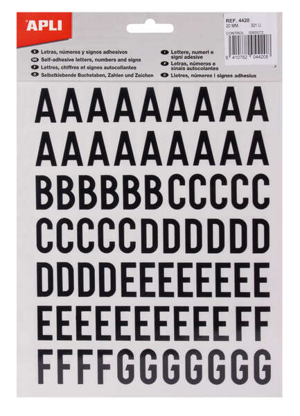 Apli Letras de Palo Mayusculas Adhesivas - Altura 20mm - Color Negro - Pack de 4 Hojas (301 Letras) 1 Apli Letras de Palo Mayusculas Adhesivas - Altura 20mm - Color Negro - Pack de 4 Hojas (301 Letras)