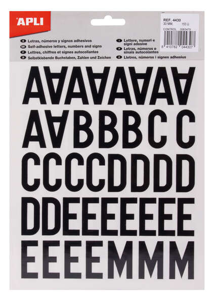 Apli Letras Adhesivas de Palo Mayusculas - Altura 30mm - Color Negro - Pack de 4 Hojas con 153 Letras 1 Apli Letras Adhesivas de Palo Mayusculas - Altura 30mm - Color Negro - Pack de 4 Hojas con 153 Letras