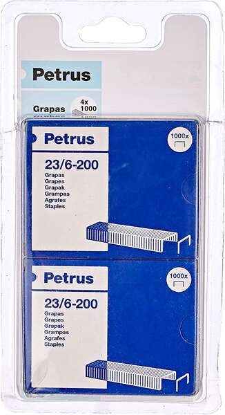 Petrus Pack de 4 Cajas de 1000 Grapas 23/6-200 Cobreadas - Hasta 20 Hojas - Patilla de 6mm 1 Petrus Pack de 4 Cajas de 1000 Grapas 23/6-200 Cobreadas - Hasta 20 Hojas - Patilla de 6mm