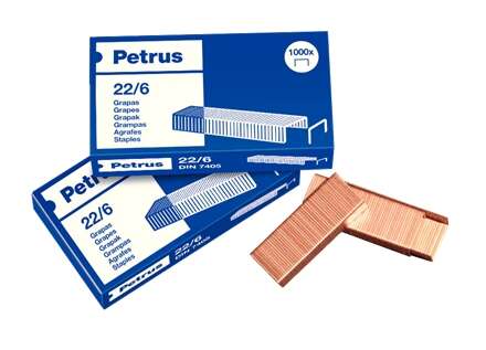 Petrus Pack de 4 Cajas de 1000 Grapas 22/6 Cobreadas - Hasta 30 Hojas - Patilla de 6mm 1 Petrus Pack de 4 Cajas de 1000 Grapas 22/6 Cobreadas - Hasta 30 Hojas - Patilla de 6mm