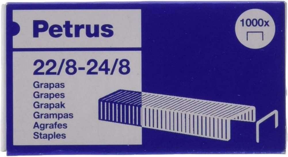 Petrus Caja de 1000 Grapas 22/8-24/8 Cobreadas - Hasta 40 Hojas - Patilla de 8mm 1 Petrus Caja de 1000 Grapas 22/8-24/8 Cobreadas - Hasta 40 Hojas - Patilla de 8mm