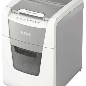 Leitz IQ 100 Autofeed P4 Destructora Automatica de Papel Corte en Particulas P-4 - Autoalimentacion 100 Hojas, Manual 8 Hojas - Capacidad de la Papelera de 34L - Color Blanco/Gris