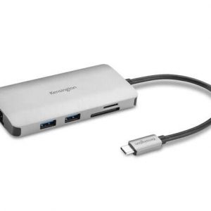 Kensington Hub 8 en 1 Conexion USB-C - Puertos: 3x USB 3.2, 1x USB-C PD hasta 85W, 1x HDMI 2.0, Lector SD y MicroSD - Color Plata