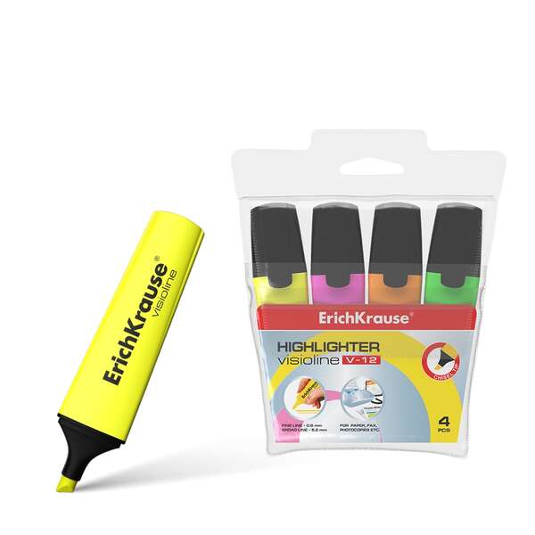 Erichkrause Visioline V-12 Pack de 4 Marcadores Fluorescentes - Punta Biselada - Tinta a Base de Agua - Colores Naranja, Rosa, Verde y Amarillo