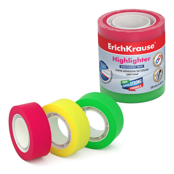 Erichkrause Hightlighter Pack de 3 Cintas Adhesivas - Medidas 18mmx20m - Colores Amarillo, Verde y Rosa Fluorescente