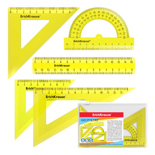 Erichkrause Pack de 5 Reglas de Dibujo - Regla de 15cm - Escuadra de 7cm/45º, 9cm/45º, 13cm/60º - Transportador de 180º/10cm - Color Amarillo