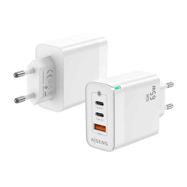 Aisens Cargador GAN 65W - 2xUSB-C PD3.0 QC4.0 - 1xUSB-A QC3.0 - Color Blanco