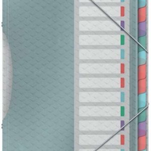 Esselte Colour'Breeze Clasificador con 12 Pestañas Multicolor - Para Formato A4 - 3 Solapas en la Contraportada - Polpropileno en Relieve - Cierre con Goma Elastica - Color Translucido