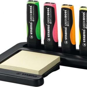Stabilo Green Boss Set de Mesa de 4 Marcadores Fluorescentes 83% Plastico Reciclado + Bloc de Notas Adhesivas 100% Papel Reciclado - Set Fabricado 98% Plastico Reciclado - Colores Surtidos