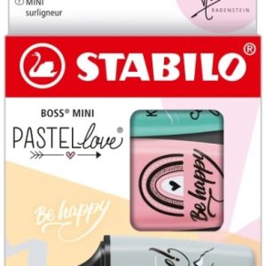 Stabilo Boss Mini Pastellove Pack de 3 Marcadores Fluorescentes - Trazo entre 2 y 5mm - Tinta con Base de Agua - Antisecado - Colores Rosa, Turquesa y Gris