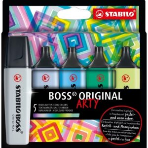 Stabilo Boss Original Arty Pack de 5 Marcadores Fluorescentes Colores Frios - Trazo entre 2 y 5mm - Tinta con Base de Agua